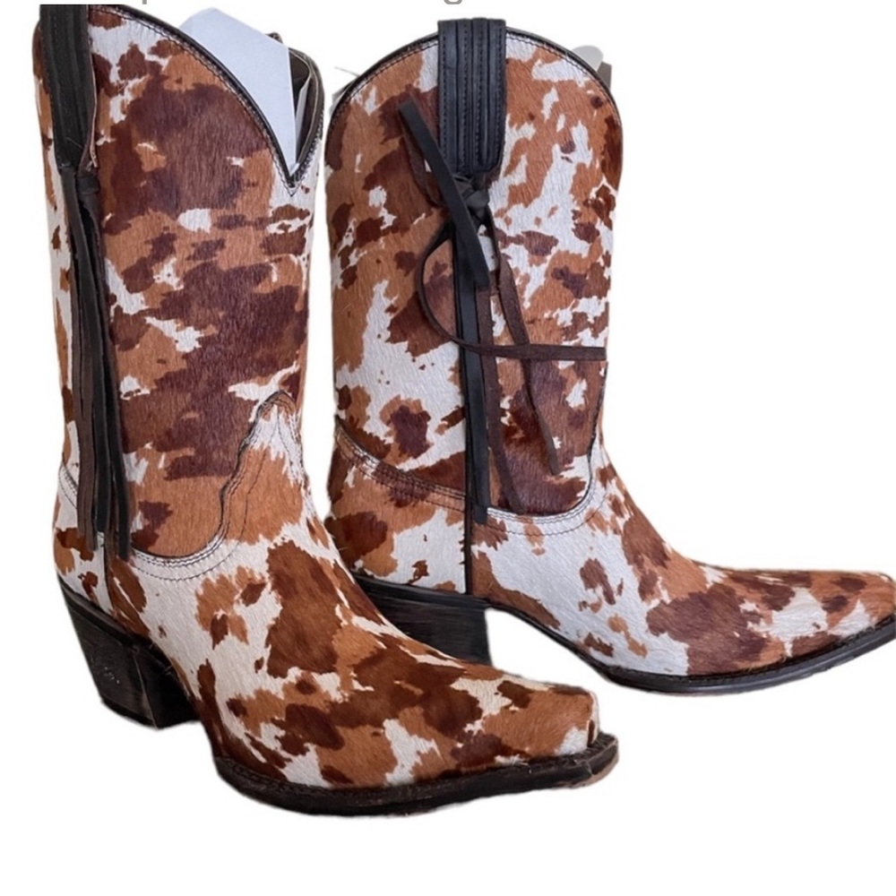 TONY LAMA White Brown Rust Cow Pony Print Calf Hair Western Cowgirl Leather Boot